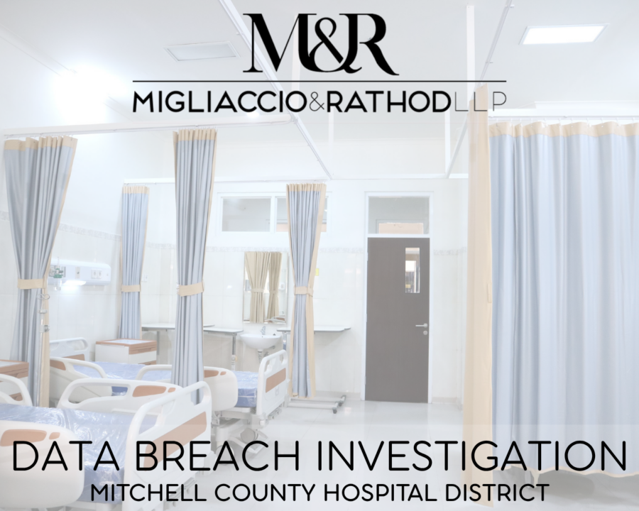 Graphic announcing the Mitchell County Hospital District data breach investigation, featuring the Migliaccio & Rathod LLP logo and a background image of hospital beds.