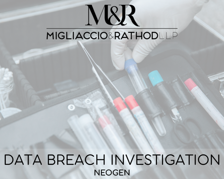 Graphic announcing the Neogen data breach investigation, featuring the Migliaccio & Rathod LLP logo and a background image of a test kit.