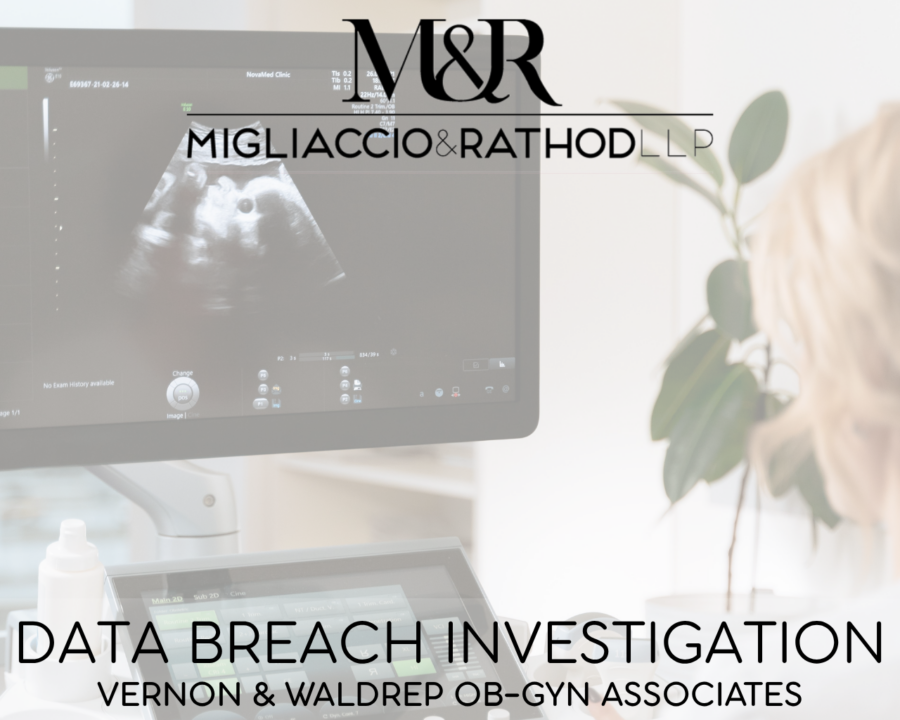 Graphic announcing the Vernon & Waldrep OB-Gyn Associates data breach investigation, featuring the Migliaccio & Rathod LLP logo and a background image of a doctor looking at an ultrasound.