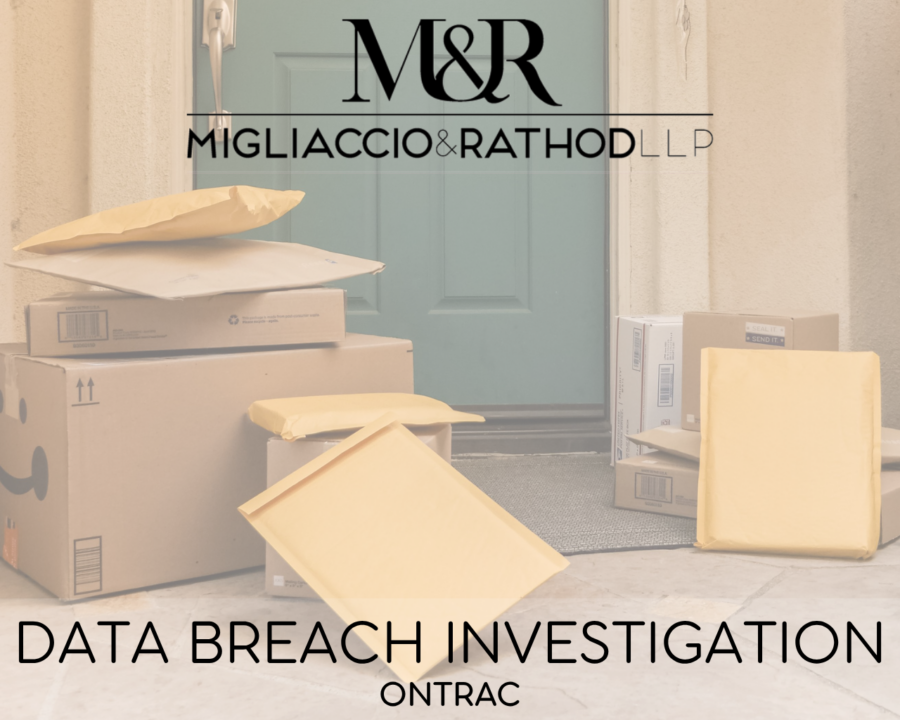 Graphic announcing the OnTrac data breach investigation, featuring the Migliaccio & Rathod LLP logo and a background image of packages outside a door.