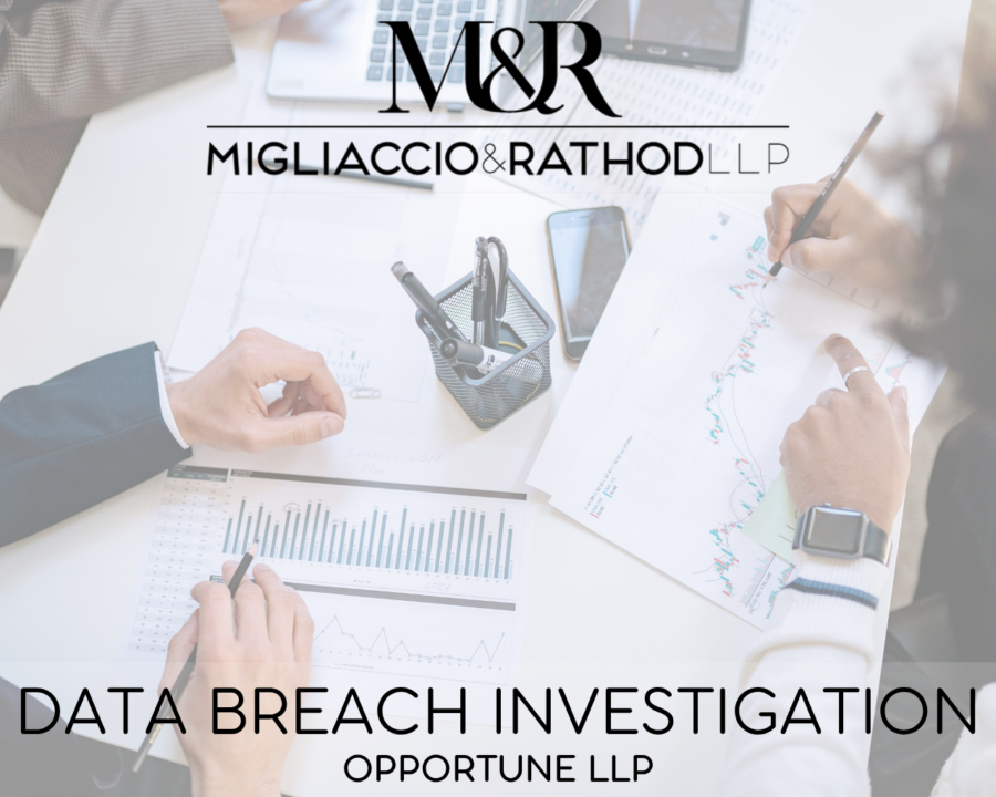 Graphic announcing the Opportune LLP data breach investigation, featuring the Migliaccio & Rathod LLP logo and a background image of businesspeople handling charts on a desk.