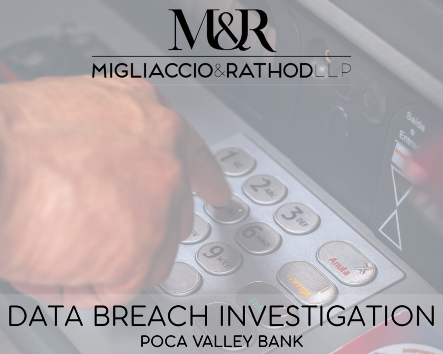Graphic announcing the Poca Valley Bank data breach investigation, featuring the Migliaccio & Rathod LLP logo and a background image of someone putting in numbers at an ATM.