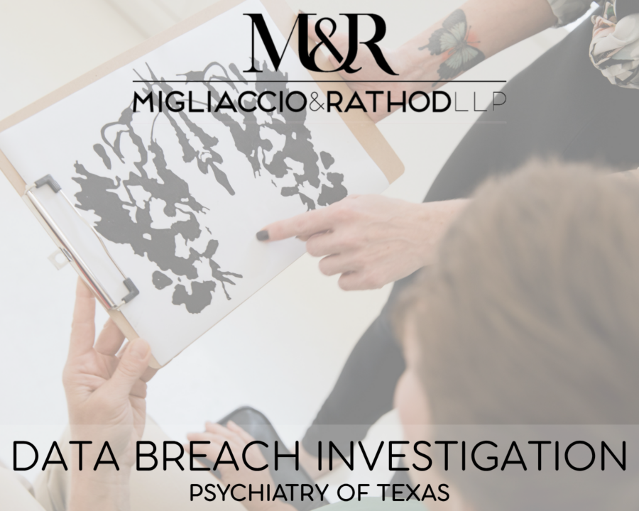 Graphic announcing the Psychiatry of Texas data breach investigation, featuring the Migliaccio & Rathod LLP logo and a background image of a patient looking at an ink blot.