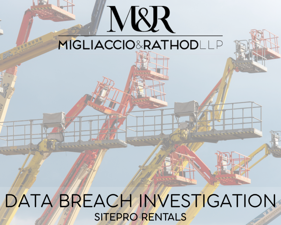 Graphic announcing the SitePro Rentals data breach investigation, featuring the Migliaccio & Rathod LLP logo and a background image of industrial machinery against the blue sky.