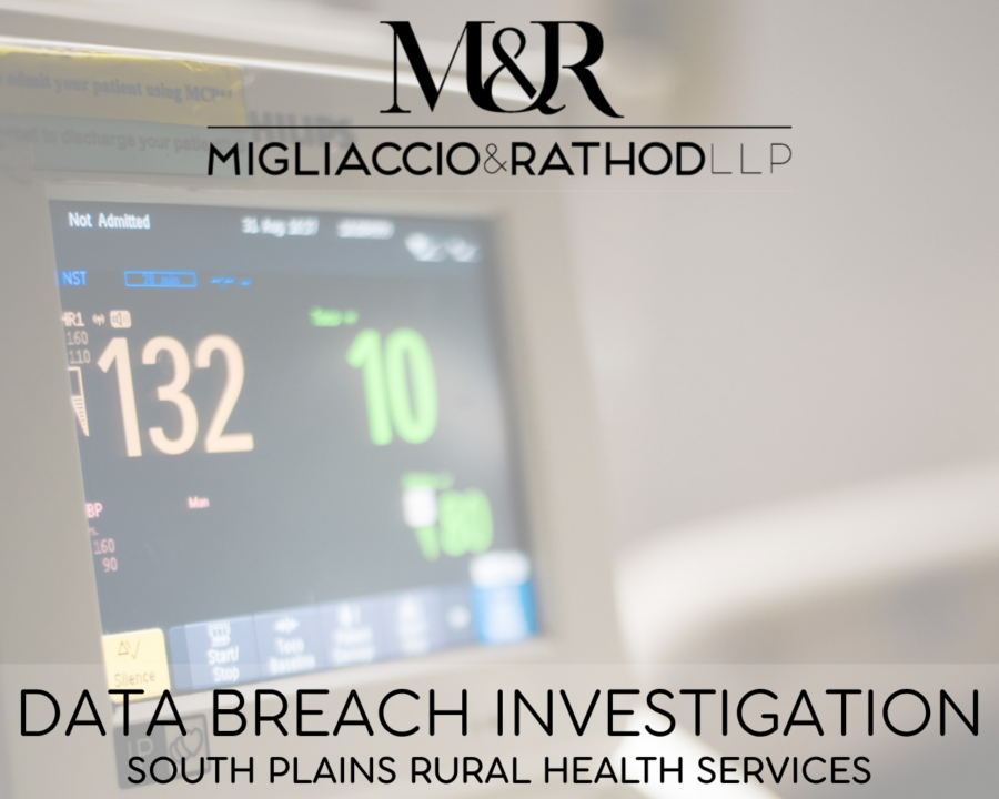 Graphic announcing the South Plains Rural Health Services data breach investigation, featuring the Migliaccio & Rathod LLP logo and a background image of an ECG monitor.