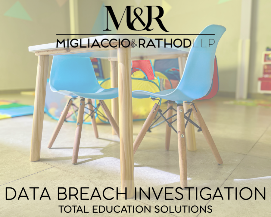 Graphic announcing the Total Education Solutions data breach investigation, featuring the Migliaccio & Rathod LLP logo and a background image of children's chairs in a classroom.