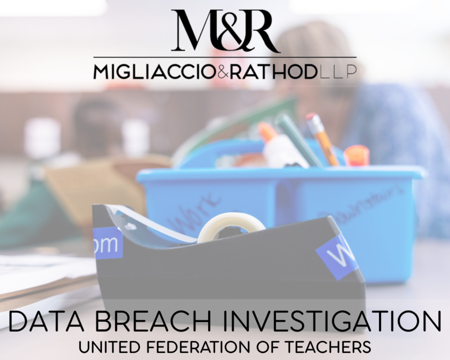 Graphic announcing the United Federation of Teachers data breach investigation, featuring the Migliaccio & Rathod LLP logo and a background image of school supplies in a teacher's classroom.