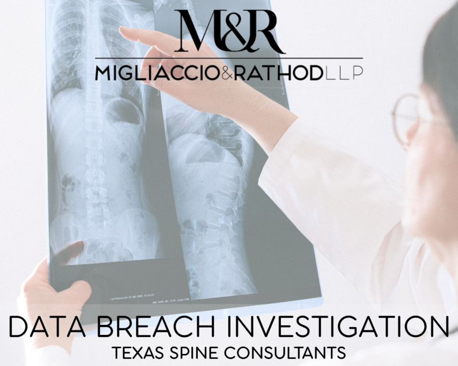 Graphic announcing the Texas Spine Consultants data breach investigation, featuring the Migliaccio & Rathod LLP logo and a background image of a doctor pointing at a spinal x-ray.