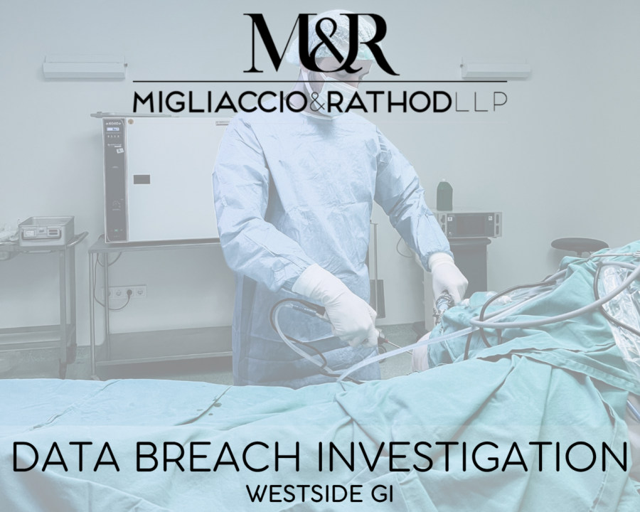 Graphic announcing the Westside GI data breach investigation, featuring the Migliaccio & Rathod LLP logo and a background image of a doctor in an operating room.