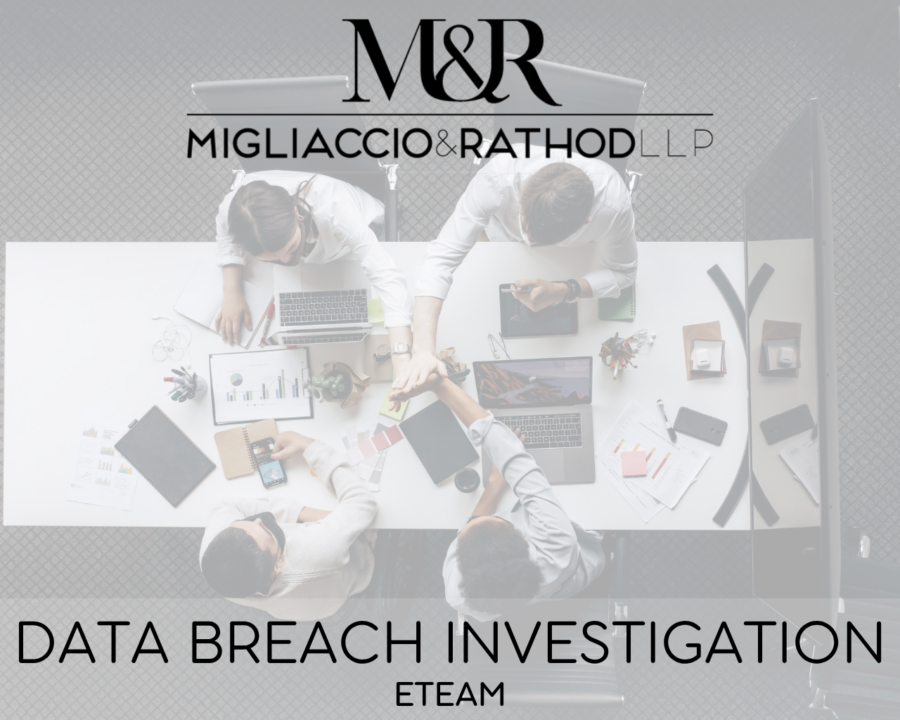 Graphic announcing the eTeam data breach investigation, featuring the Migliaccio & Rathod LLP logo and a background image of professionals working at a desk.