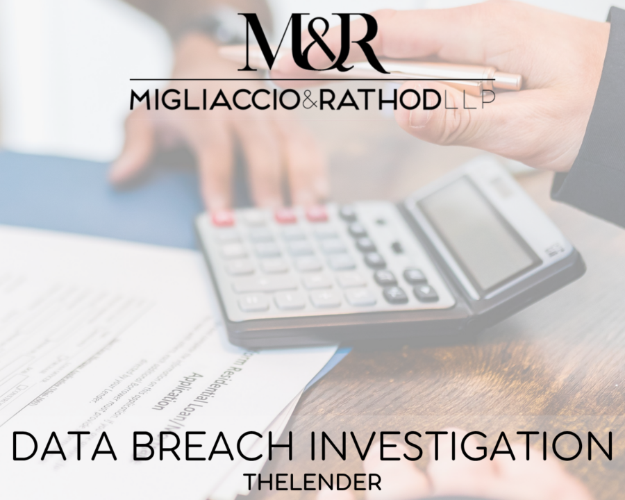 Graphic announcing the theLender data breach investigation, featuring the Migliaccio & Rathod LLP logo and a background image of a calculator and papers.