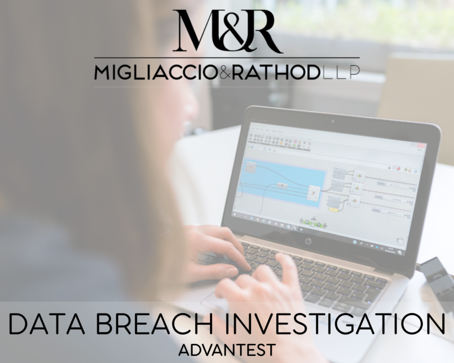 Graphic announcing the Advantest data breach investigation, featuring the Migliaccio & Rathod LLP logo and a background image of someone on a laptop doing software analysis.