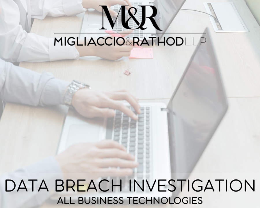 Graphic announcing the All Business Technologies data breach investigation, featuring the Migliaccio & Rathod LLP logo and a background image of someone typing on a laptop.