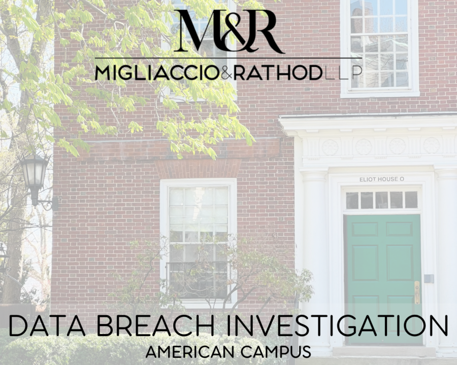 Graphic announcing the American Campus data breach investigation, featuring the Migliaccio & Rathod LLP logo and a background image of a dorm building.