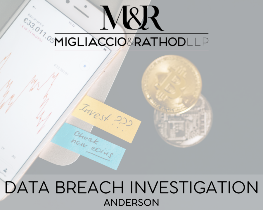 Graphic announcing the Anderson data breach investigation, featuring the Migliaccio & Rathod LLP logo and a background image of a phone with investing on the screen and coins.