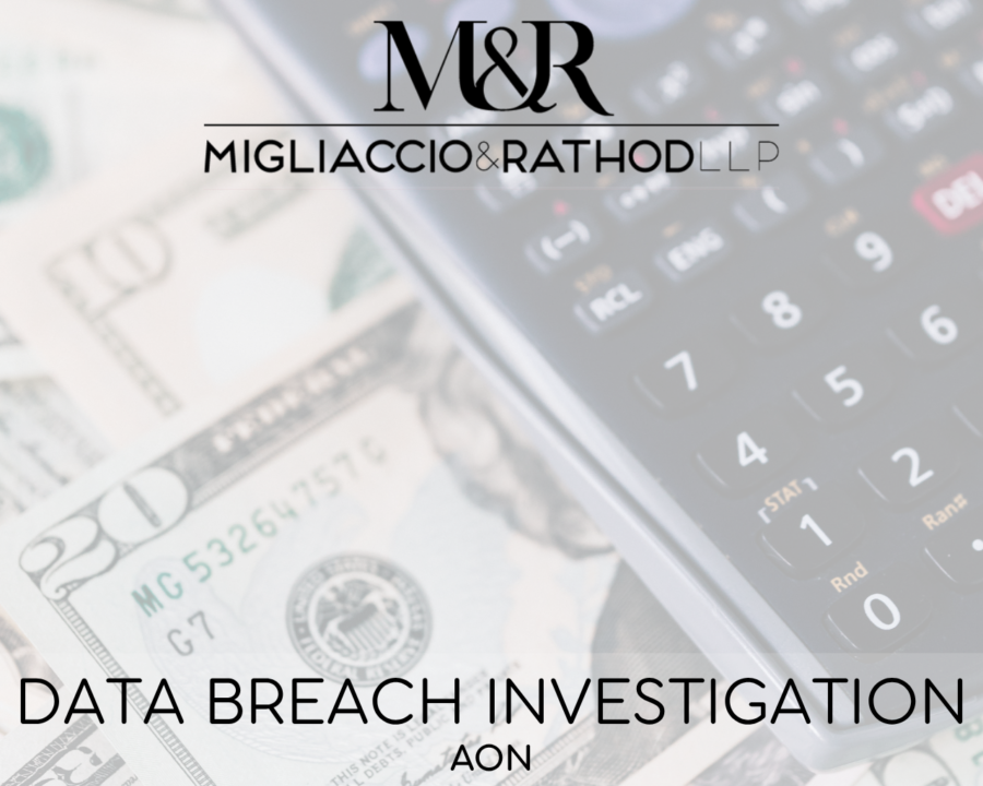 Graphic announcing the Aon data breach investigation, featuring the Migliaccio & Rathod LLP logo and a background image of cash and a calculator.