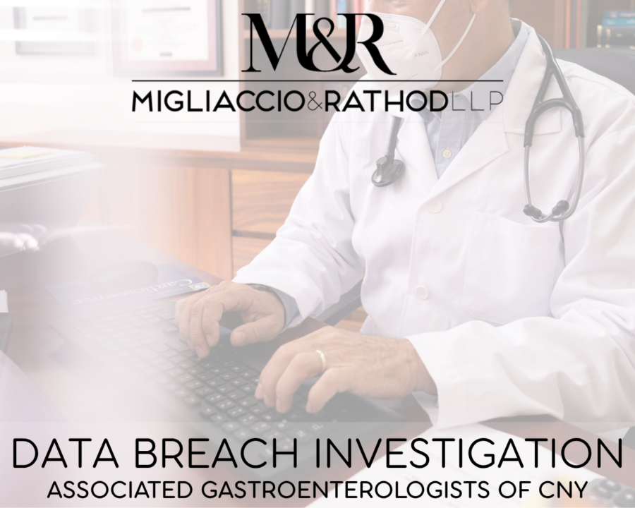 Graphic announcing the Associated Gastroenterologists of CNY data breach investigation, featuring the Migliaccio & Rathod LLP logo and a background image of a doctor typing on a computer.
