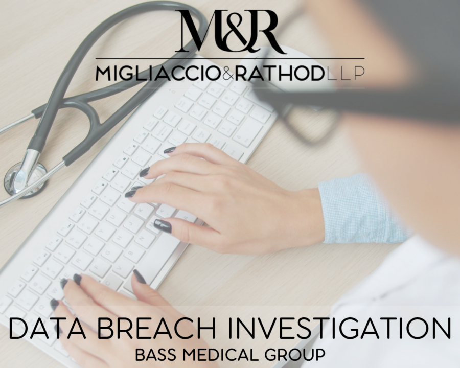 Graphic announcing the BASS Medical Group data breach investigation, featuring the Migliaccio & Rathod LLP logo and a background image of someone typing on a keyboard with a stethescope near them.