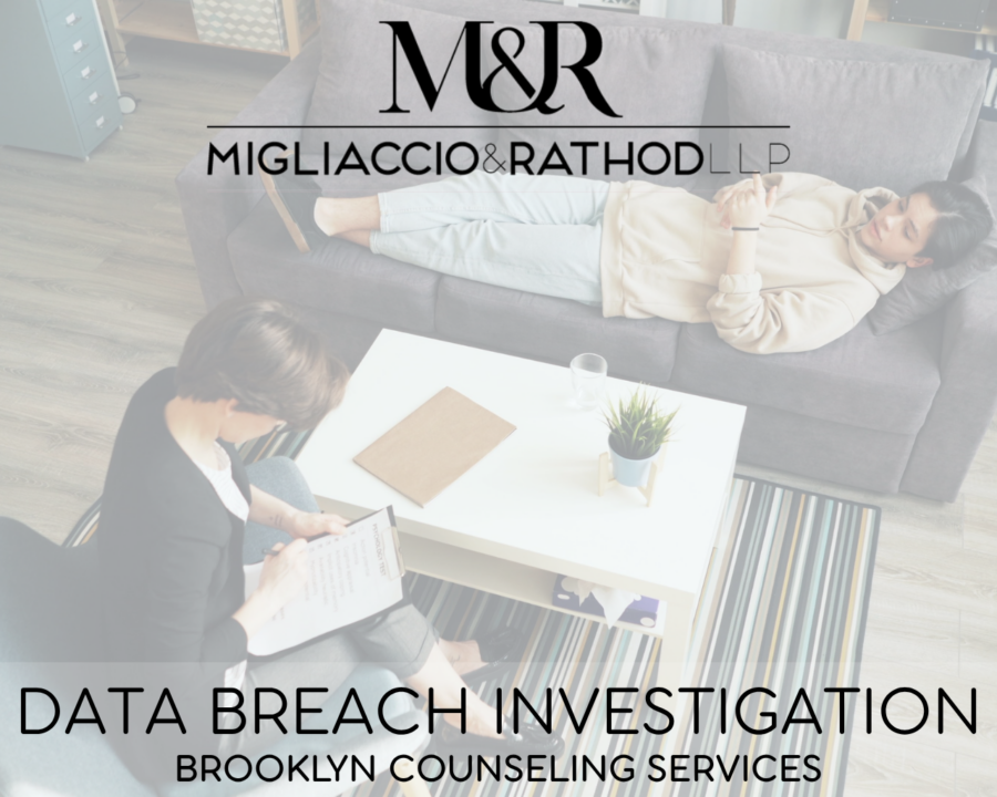 Graphic announcing the Brooklyn Counseling Services data breach investigation, featuring the Migliaccio & Rathod LLP logo and a background image of a patient and a therapist.