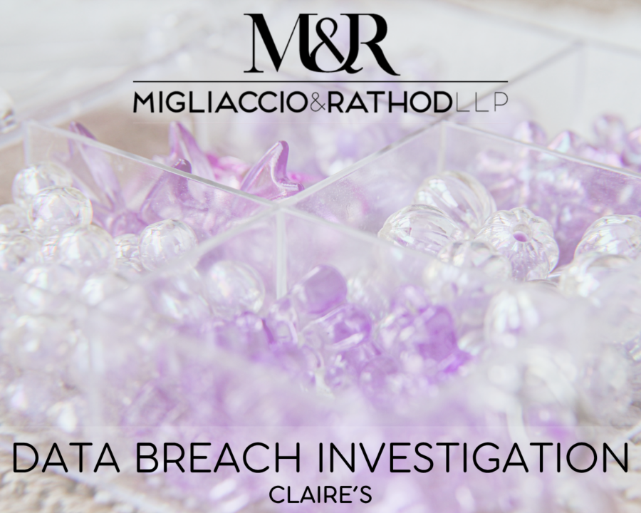 Graphic announcing the Claire's data breach investigation, featuring the Migliaccio & Rathod LLP logo and a background image of beads in a plastic box.
