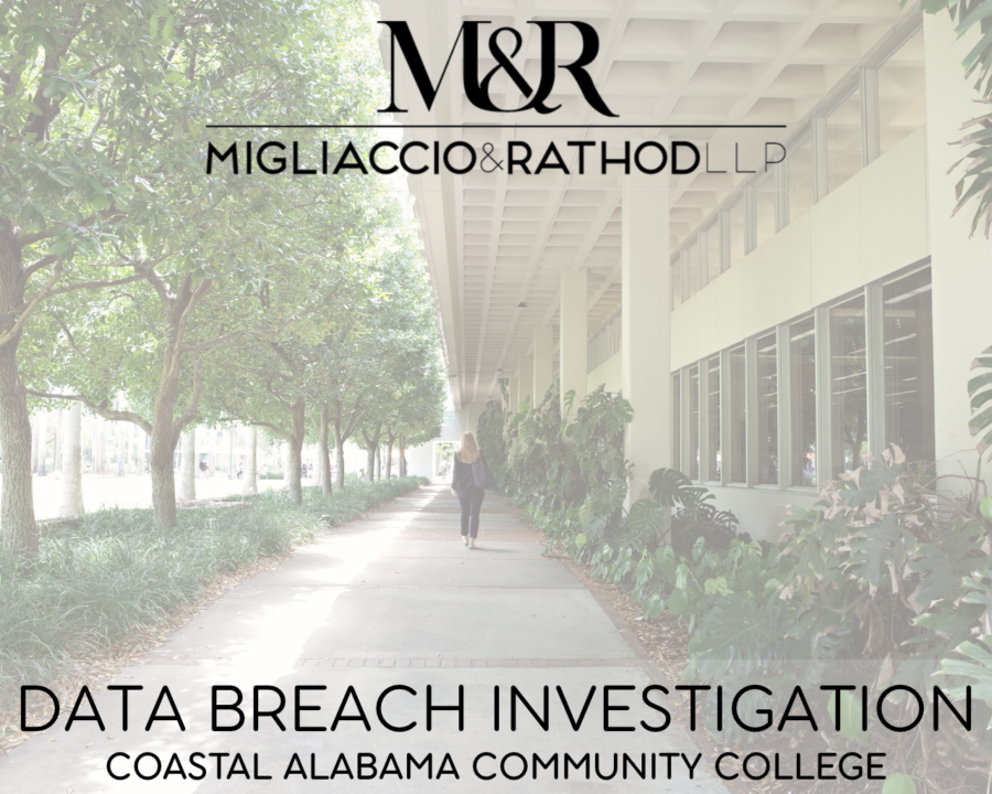 Graphic announcing the Coastal Alabama Community College data breach investigation, featuring the Migliaccio & Rathod LLP logo and a background image of a college walkway outdoors.