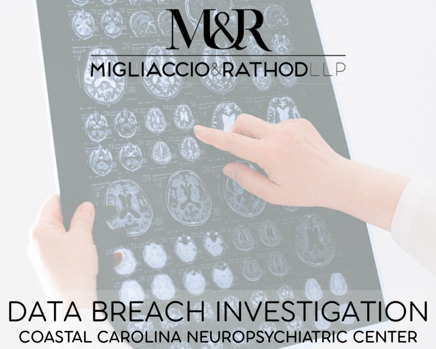 Graphic announcing the Coastal Carolina Neuropsychiatric Center data breach investigation, featuring the Migliaccio & Rathod LLP logo and a background image of an MRI scan.