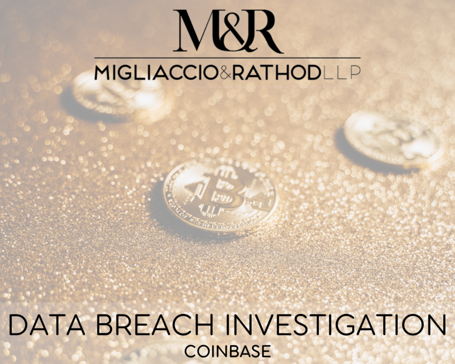 Graphic announcing the Coinbase data breach investigation, featuring the Migliaccio & Rathod LLP logo and a background image of bitcoin.