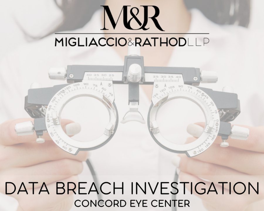 Graphic announcing the Concord Eye Center data breach investigation, featuring the Migliaccio & Rathod LLP logo and a background image of an eye doctor with measuring glasses.