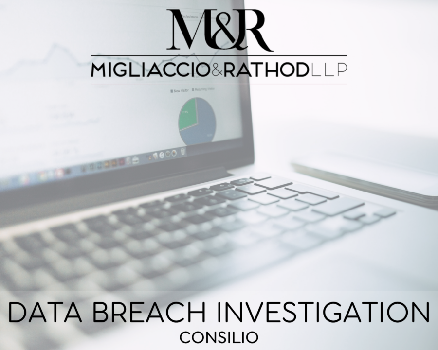 Graphic announcing the Consilio data breach investigation, featuring the Migliaccio & Rathod LLP logo and a background image of a laptop.