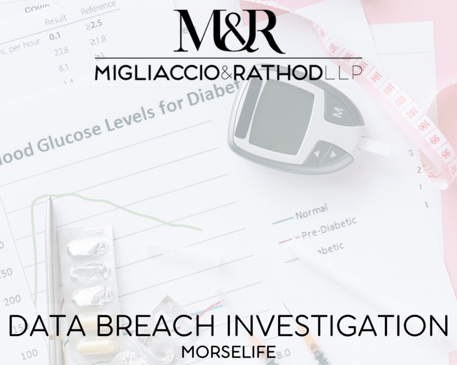 Graphic announcing the Dexcom data breach investigation, featuring the Migliaccio & Rathod LLP logo and a background image of diabetes management tools.