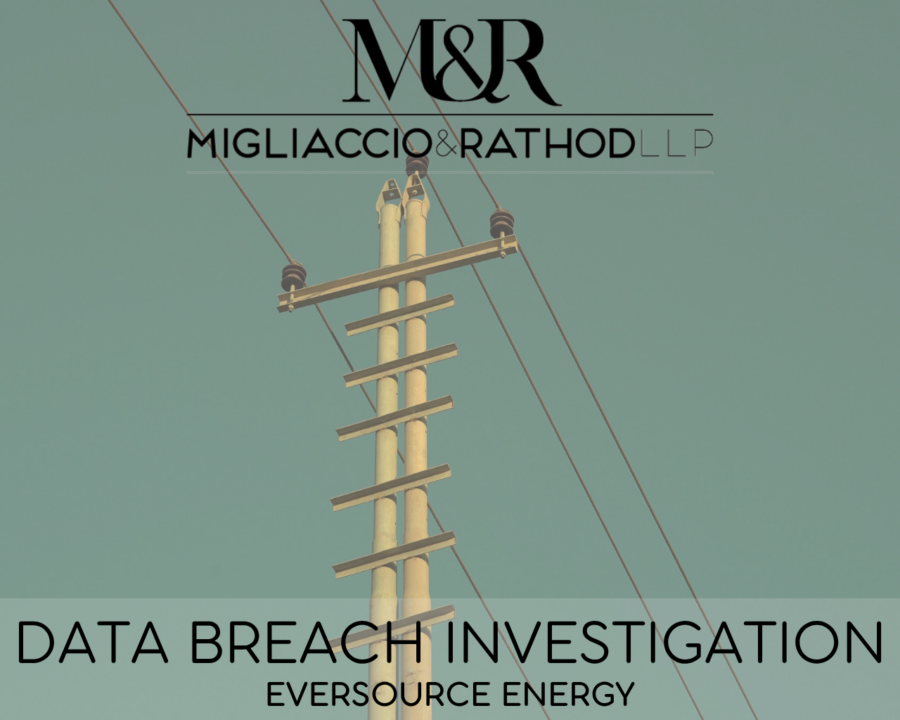 Graphic announcing the Eversource Energy data breach investigation, featuring the Migliaccio & Rathod LLP logo and a background image of a power line.