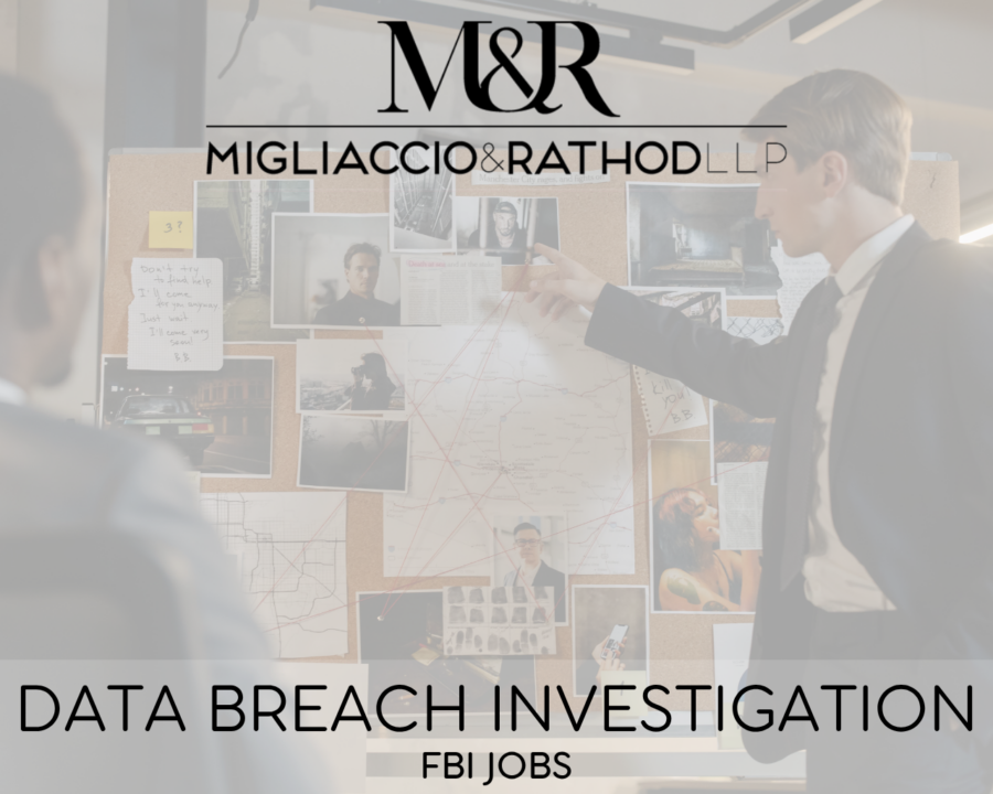 Graphic announcing the FBI Jobs data breach investigation, featuring the Migliaccio & Rathod LLP logo and a background image of investigators pointing at a board with images and evidence.