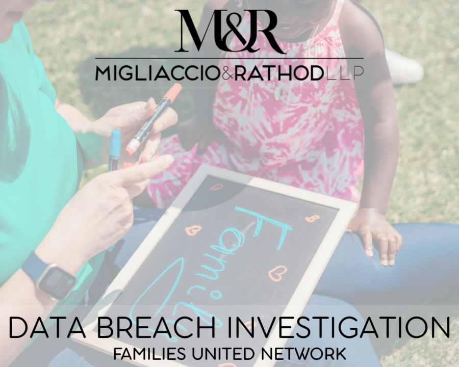 Graphic announcing the Families United Network data breach investigation, featuring the Migliaccio & Rathod LLP logo and a background image of a child playing with an adult.