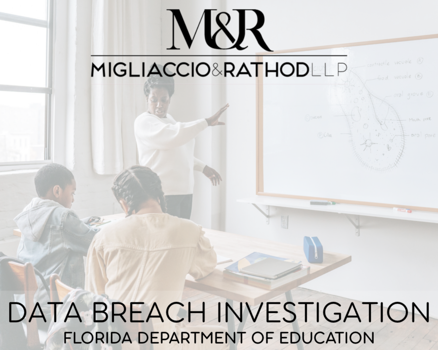 Graphic announcing the Florida Department of Education data breach investigation, featuring the Migliaccio & Rathod LLP logo and a background image of a classroom with a teacher and students.