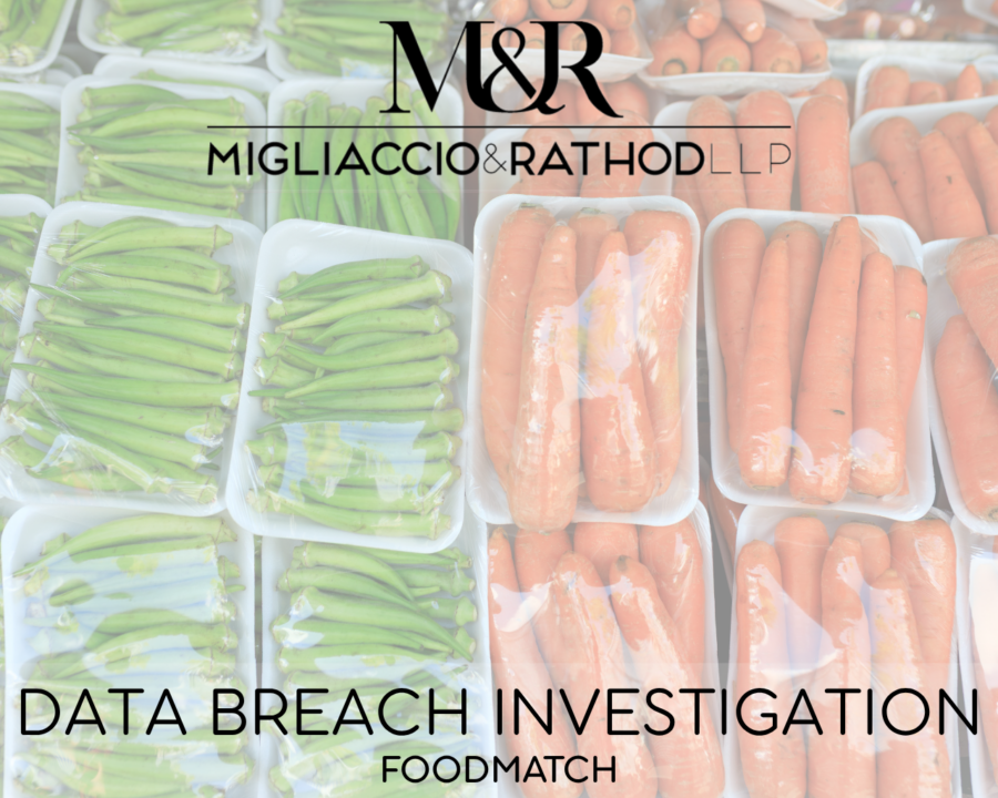 Graphic announcing the Foodmatch data breach investigation, featuring the Migliaccio & Rathod LLP logo and a background image of packaged food.