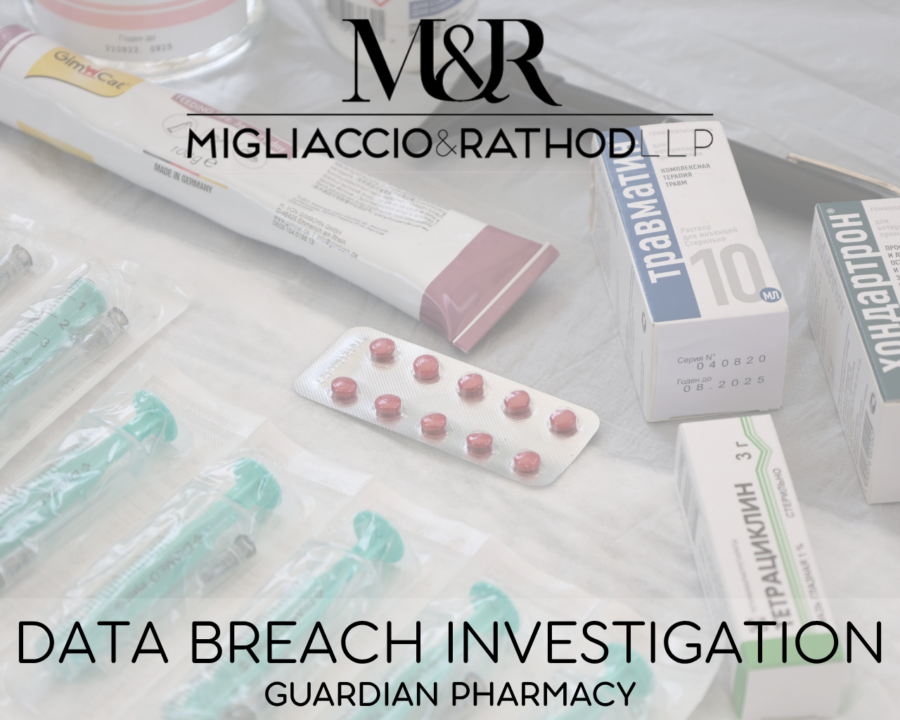 Graphic announcing the Guardian Pharmacy data breach investigation, featuring the Migliaccio & Rathod LLP logo and a background image of medical supplies.