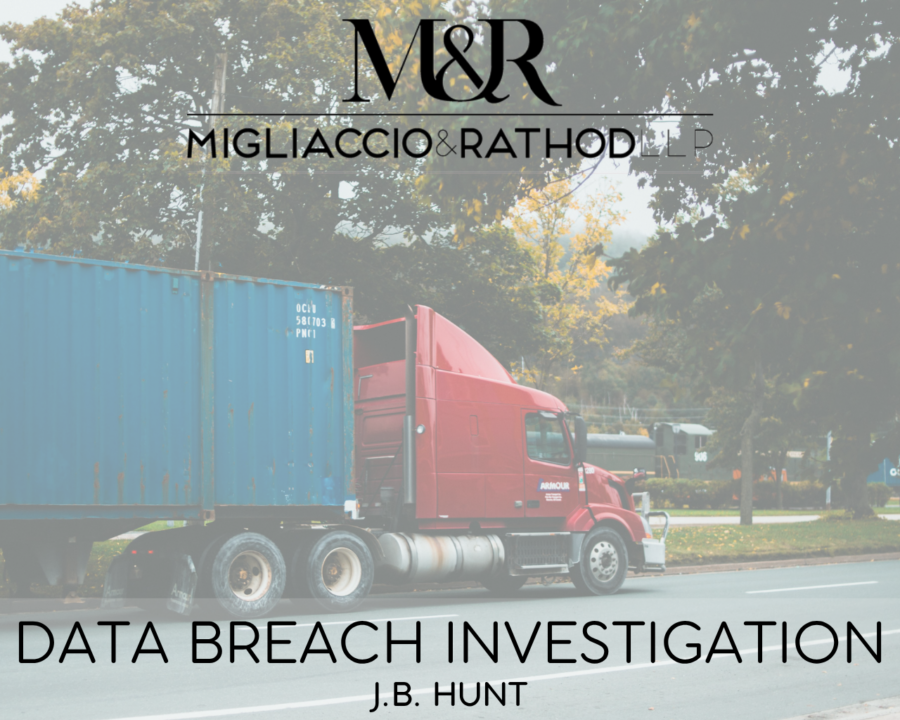 Graphic announcing the J.B. Hunt data breach investigation, featuring the Migliaccio & Rathod LLP logo and a background image of a truck.
