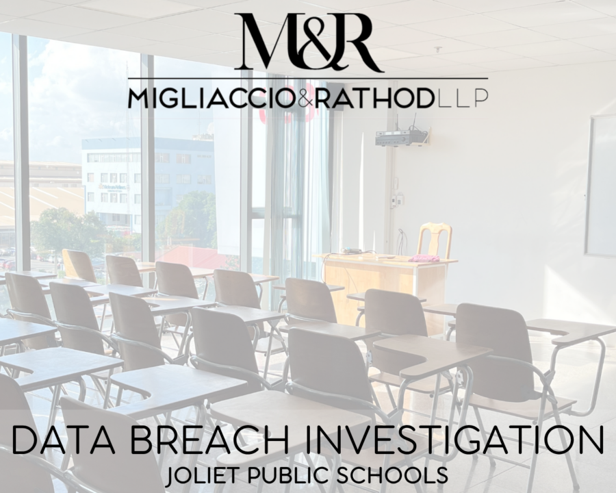 Graphic announcing the Joliet Public Schools data breach investigation, featuring the Migliaccio & Rathod LLP logo and a background image of a classroom.