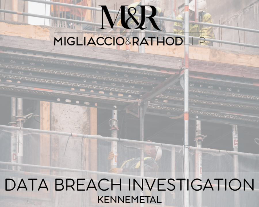 Graphic announcing the Kennametal data breach investigation, featuring the Migliaccio & Rathod LLP logo and a background image of construction.