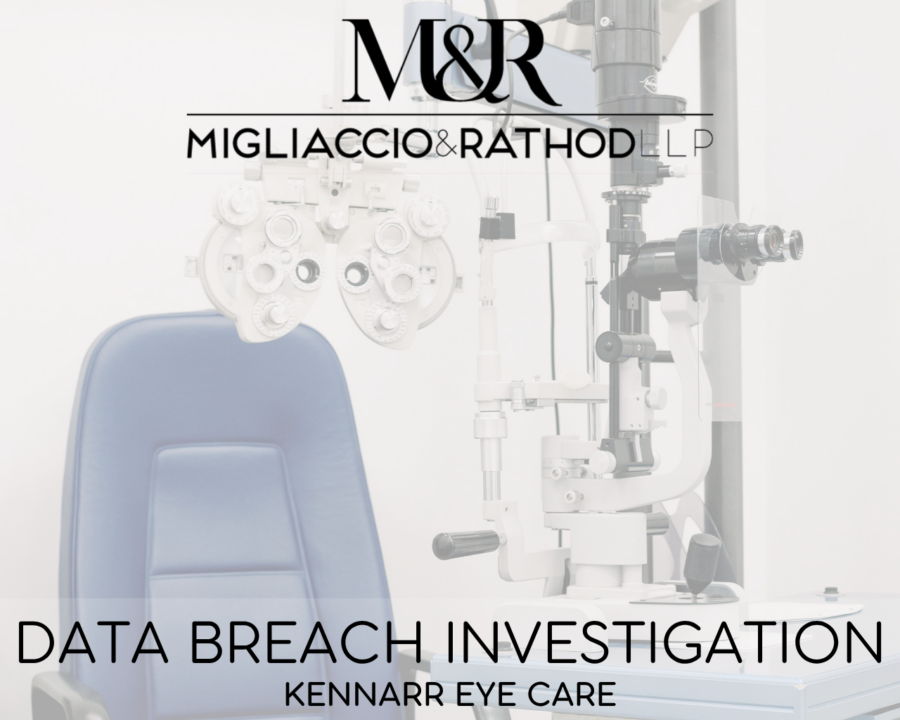 Graphic announcing the Kennarr Eye Care data breach investigation, featuring the Migliaccio & Rathod LLP logo and a background image of a chair at an optometrist's office.