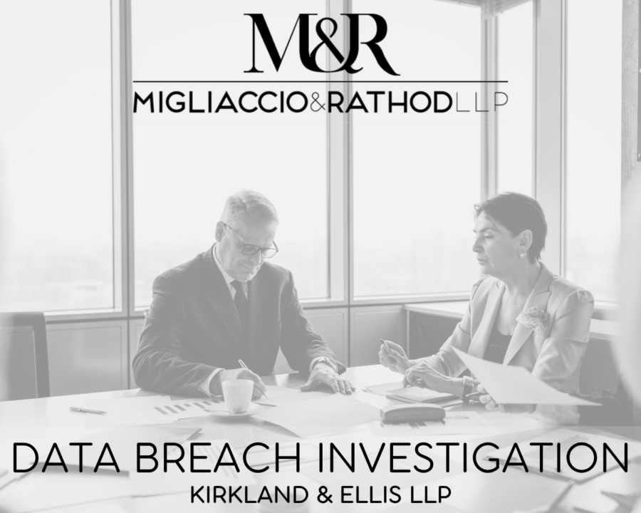 Graphic announcing the Kirkland & Ellis LLP data breach investigation, featuring the Migliaccio & Rathod LLP logo and a background image of two lawyers at a desk.