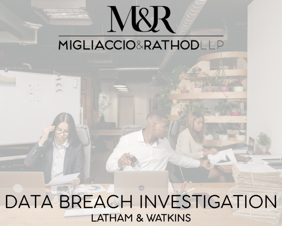 Graphic announcing the Latham & Watkins data breach investigation, featuring the Migliaccio & Rathod LLP logo and a background image of lawyers working in an office.