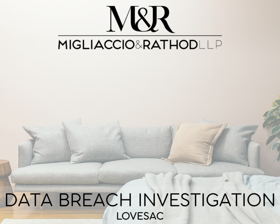 Graphic announcing the Lovesac data breach investigation, featuring the Migliaccio & Rathod LLP logo and a background image of a couch with pillows.
