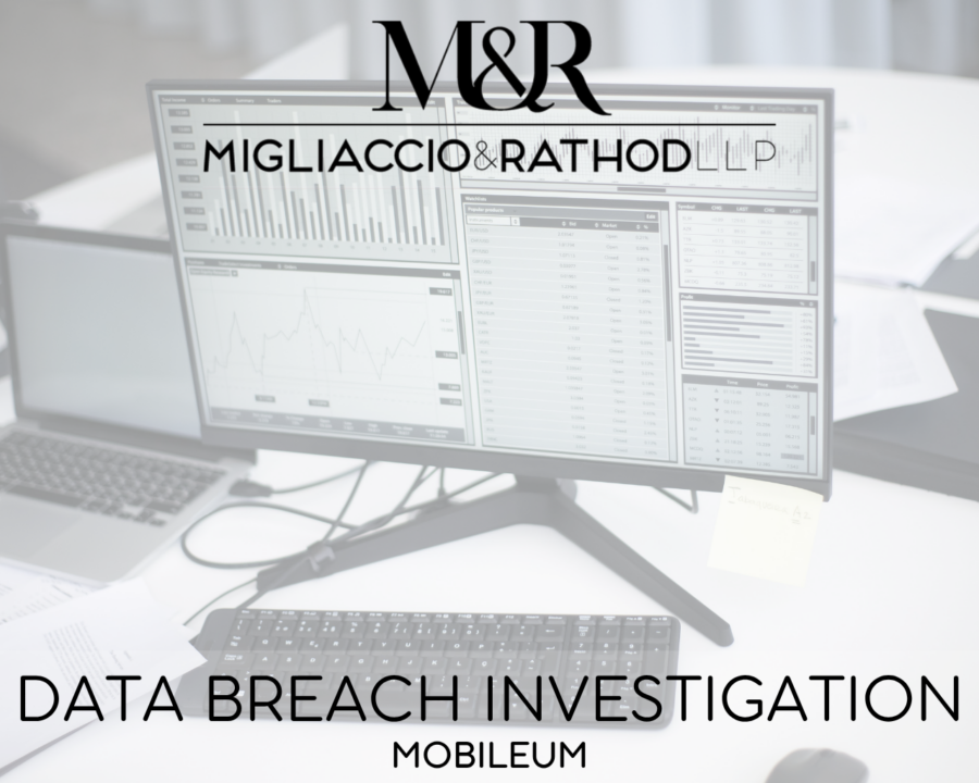 Graphic announcing the Mobileum data breach investigation, featuring the Migliaccio & Rathod LLP logo and a background image of a computer with analytics on the screen.