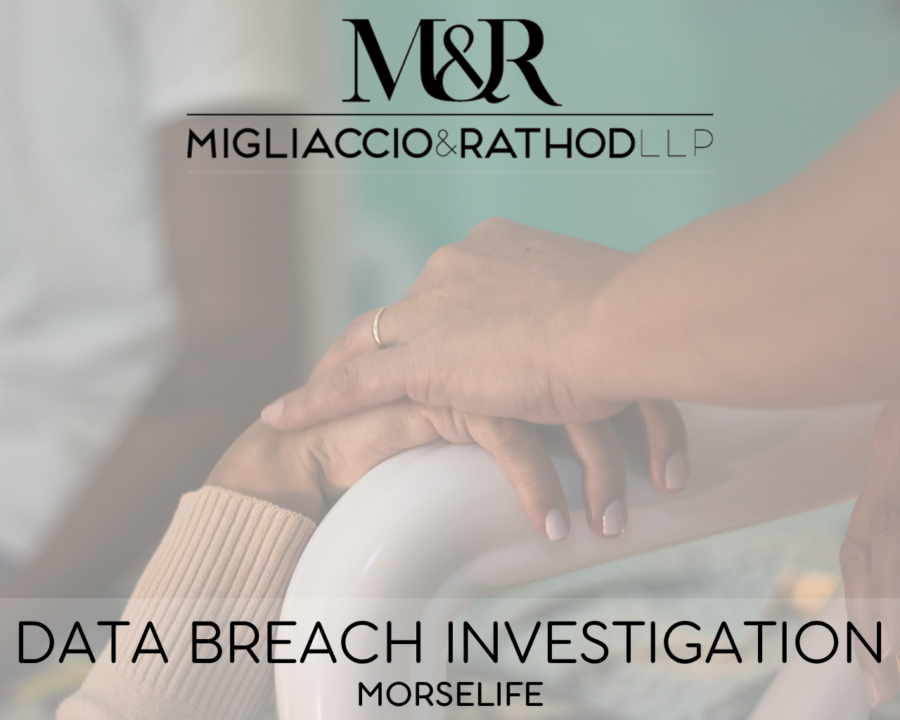Graphic announcing the MorseLife data breach investigation, featuring the Migliaccio & Rathod LLP logo and a background image of someone holding a patient's hand.