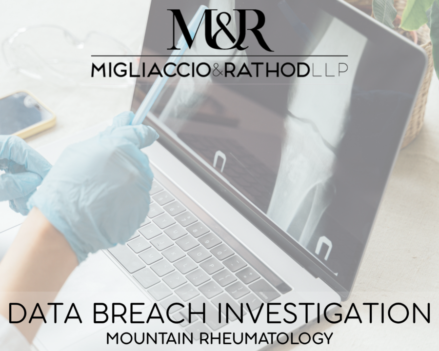 Graphic announcing the [Company Name] data breach investigation, featuring the Migliaccio & Rathod LLP logo and a background image of a medical professional pointing at an x-ray on a laptop.