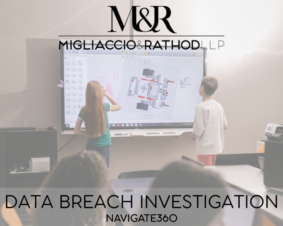 Graphic announcing the Navigate360 data breach investigation, featuring the Migliaccio & Rathod LLP logo and a background image of kids using a screen in a classroom.