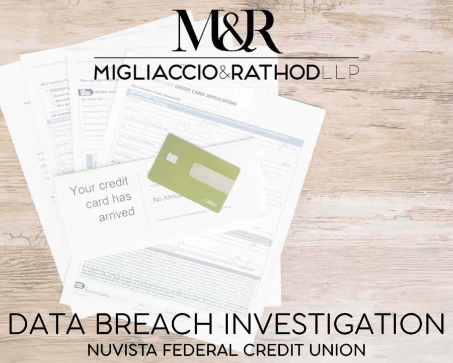 Graphic announcing the NuVista Federal Credit Union data breach investigation, featuring the Migliaccio & Rathod LLP logo and a background image of a credit card and documents.