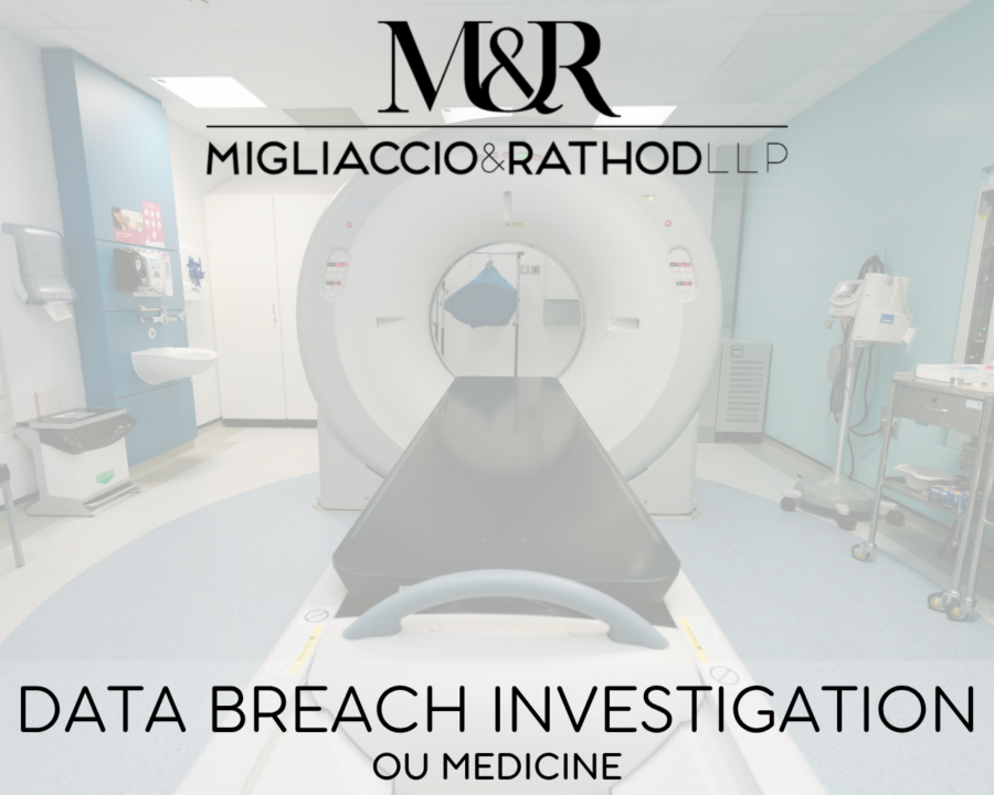 Graphic announcing the Ou Medicine data breach investigation, featuring the Migliaccio & Rathod LLP logo and a background image of a medical machine.
