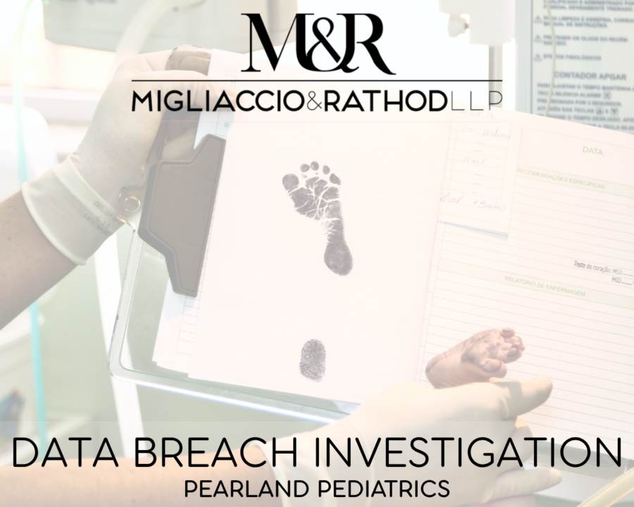 Graphic announcing the Pearland Pediatrics data breach investigation, featuring the Migliaccio & Rathod LLP logo and a background image of a child's footprint at the doctor.